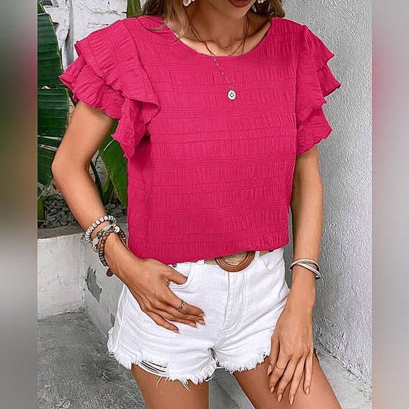 New Chic Textured Stripe Flutter Sleeve Top Blouse Hot Pink - Picture 2 of 9